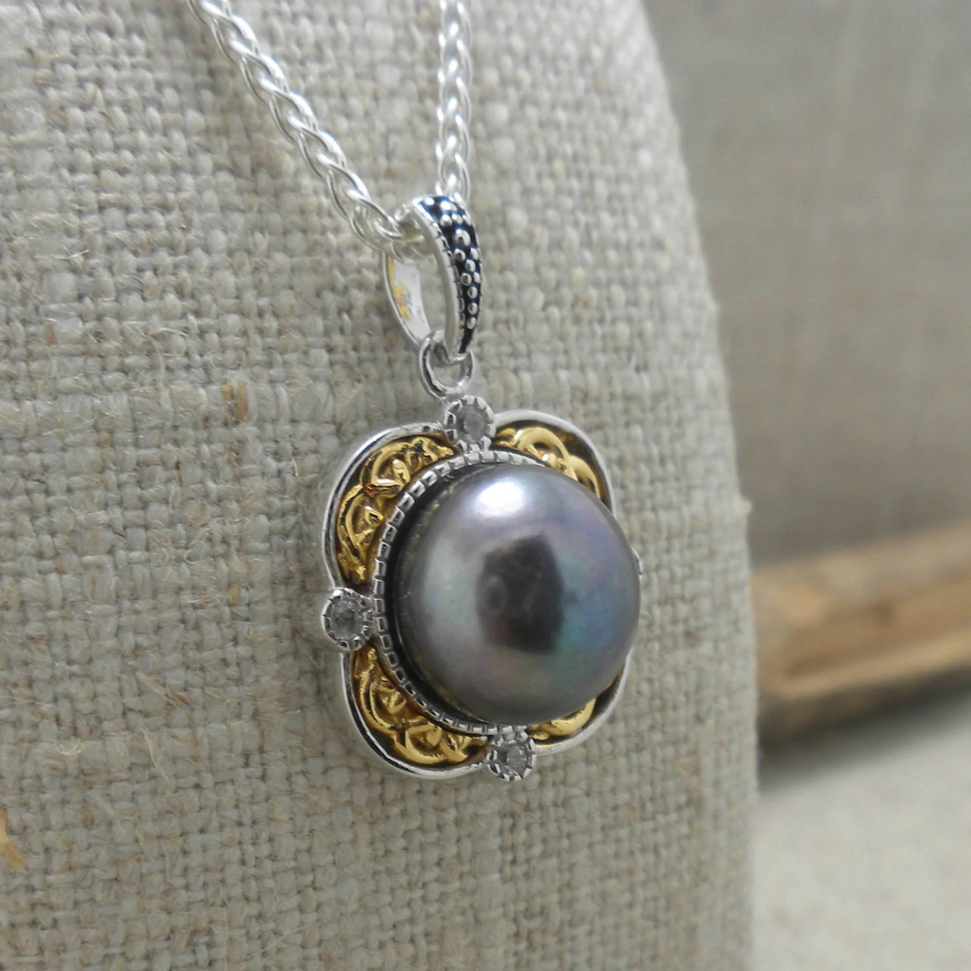 Sterling Silver & 10K Aphrodite Celtic Pendant with Peacock Pearl