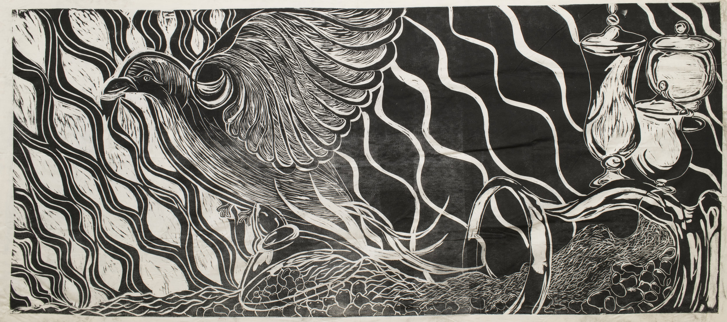  Woodcut Steamrolling Print on Fabric, 48 x 84in. 