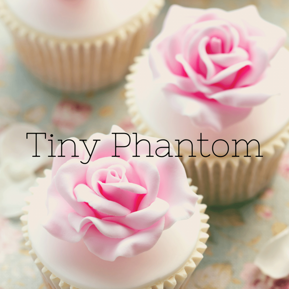 Tiny Phantom text over pink rose decorated cupcakes