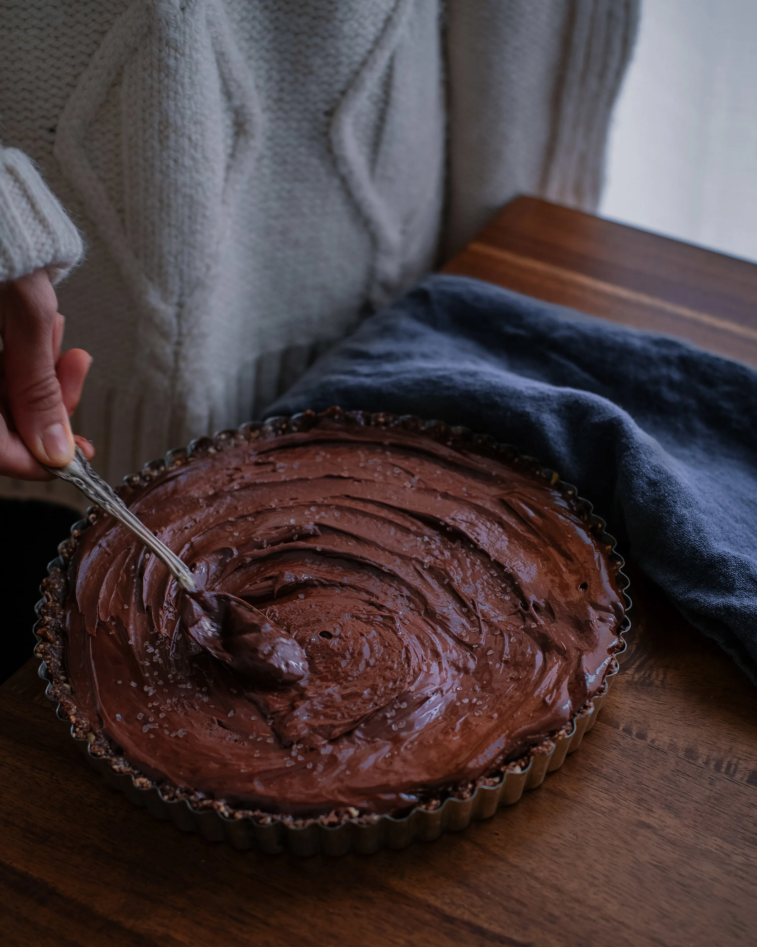 Vegan dark chocolate salted caramel tart