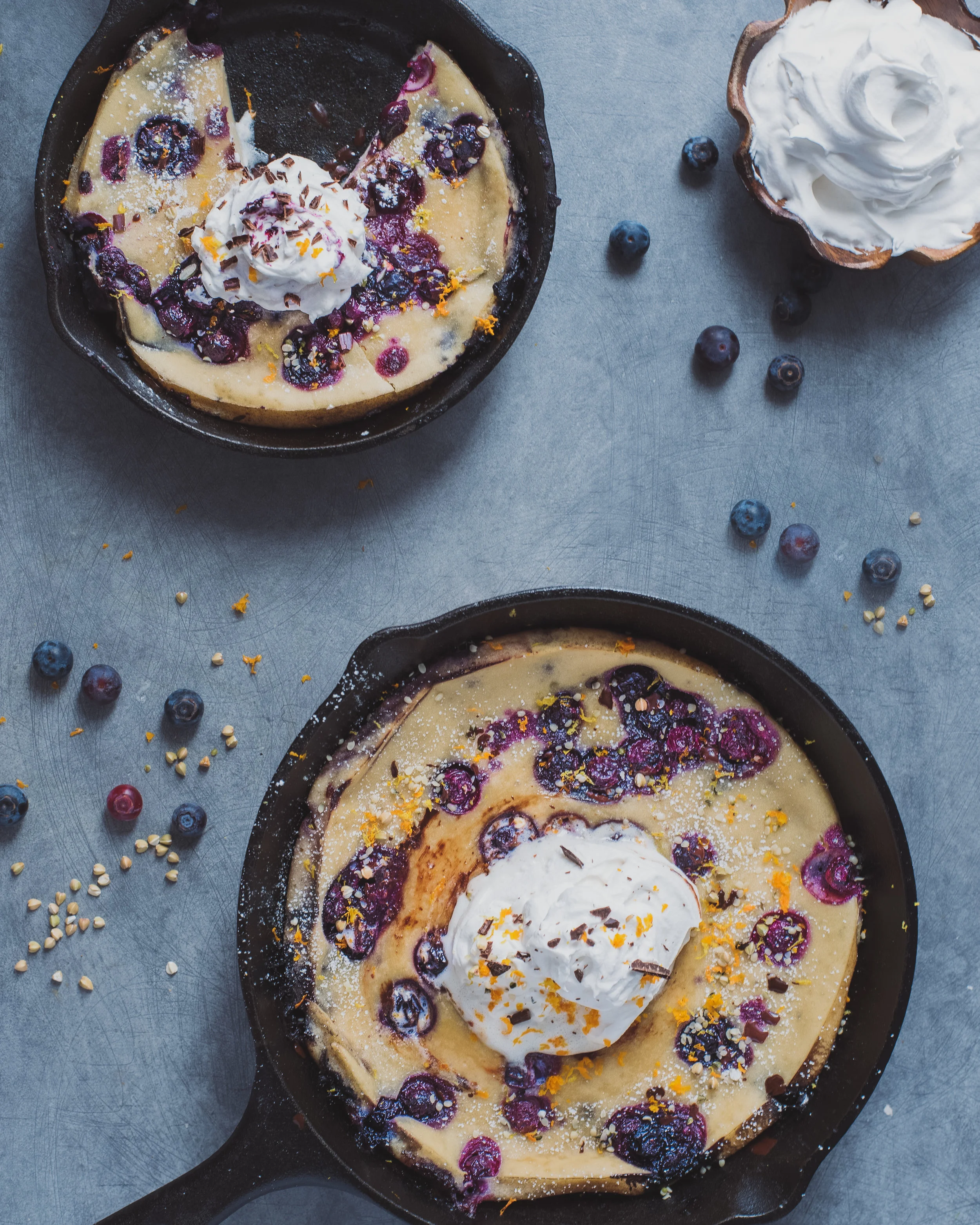 vegan dutch baby, vegan blueberry-orange dutch baby