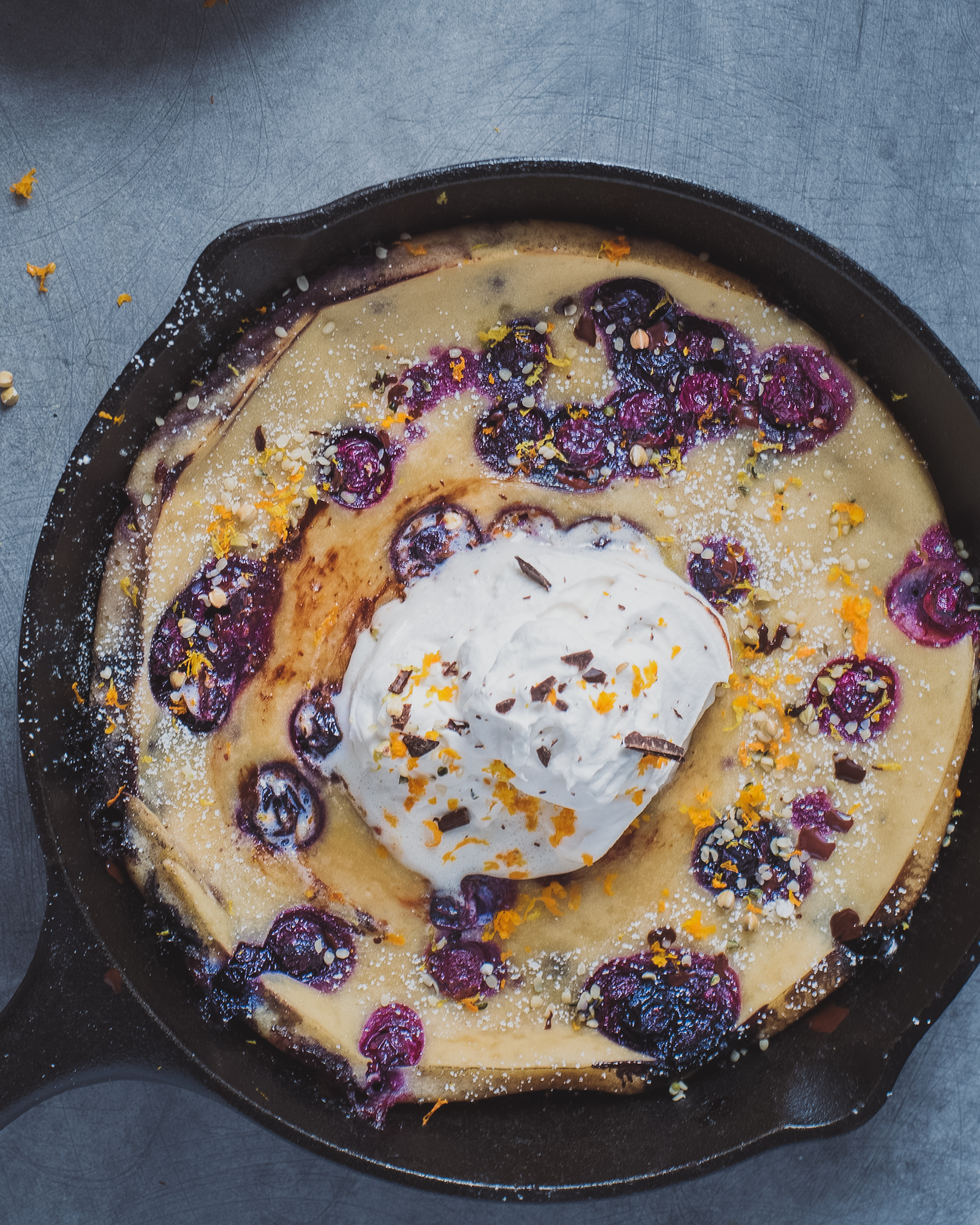 vegan dutch baby, vegan blueberry-orange dutch baby