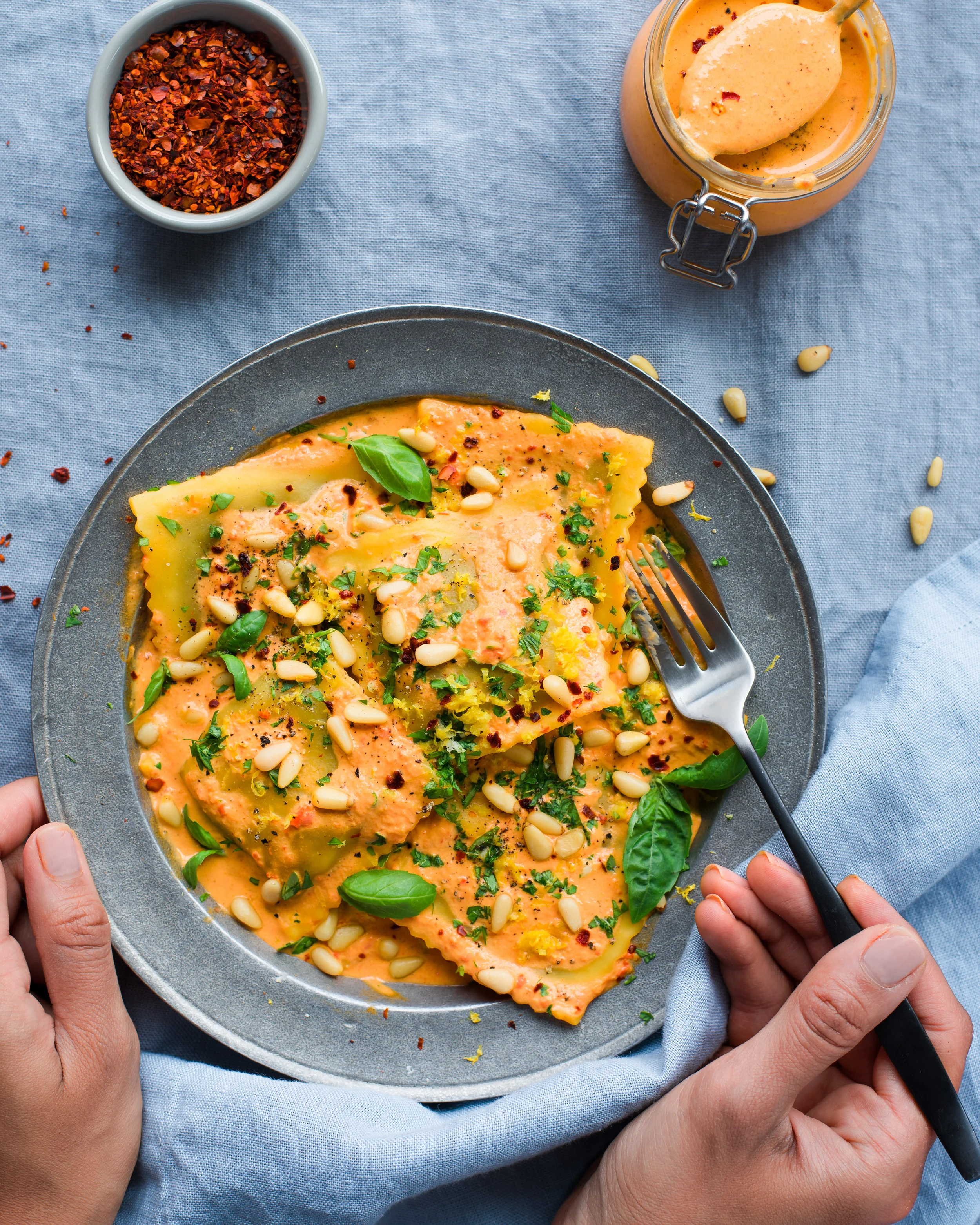 Creamy Roasted Red Pepper Harissa Ravioli (Vegan)