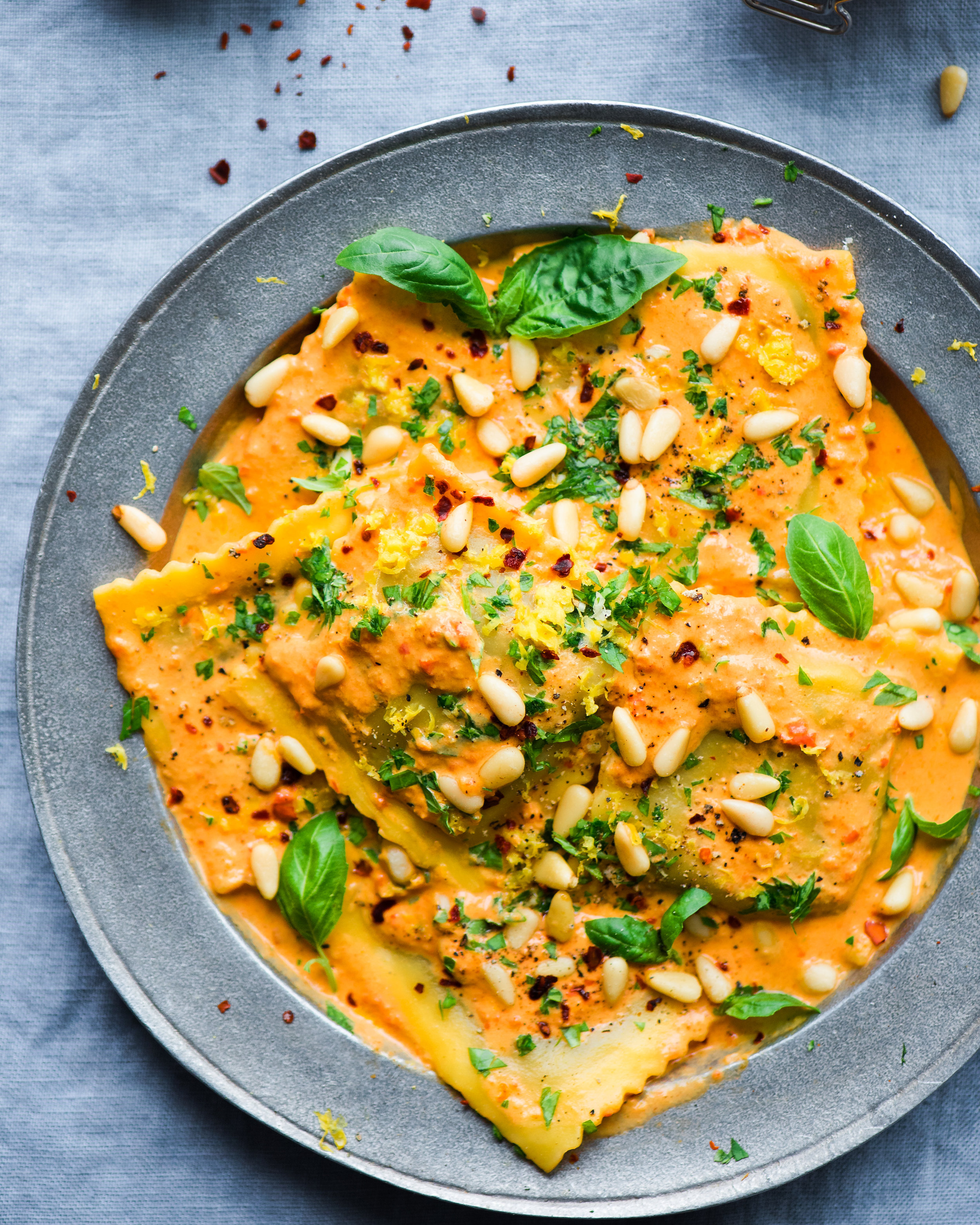 Creamy Roasted Red Pepper Harissa Ravioli (Vegan)