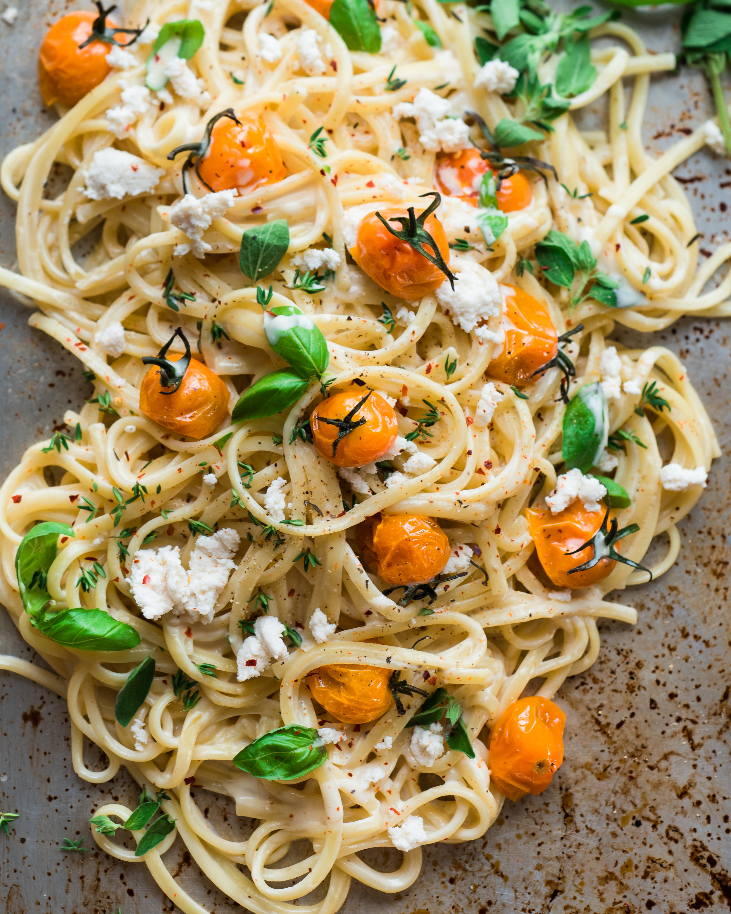 Creamy Vegan Fettuccine Alfredo with Roasted Cherry Tomatoes