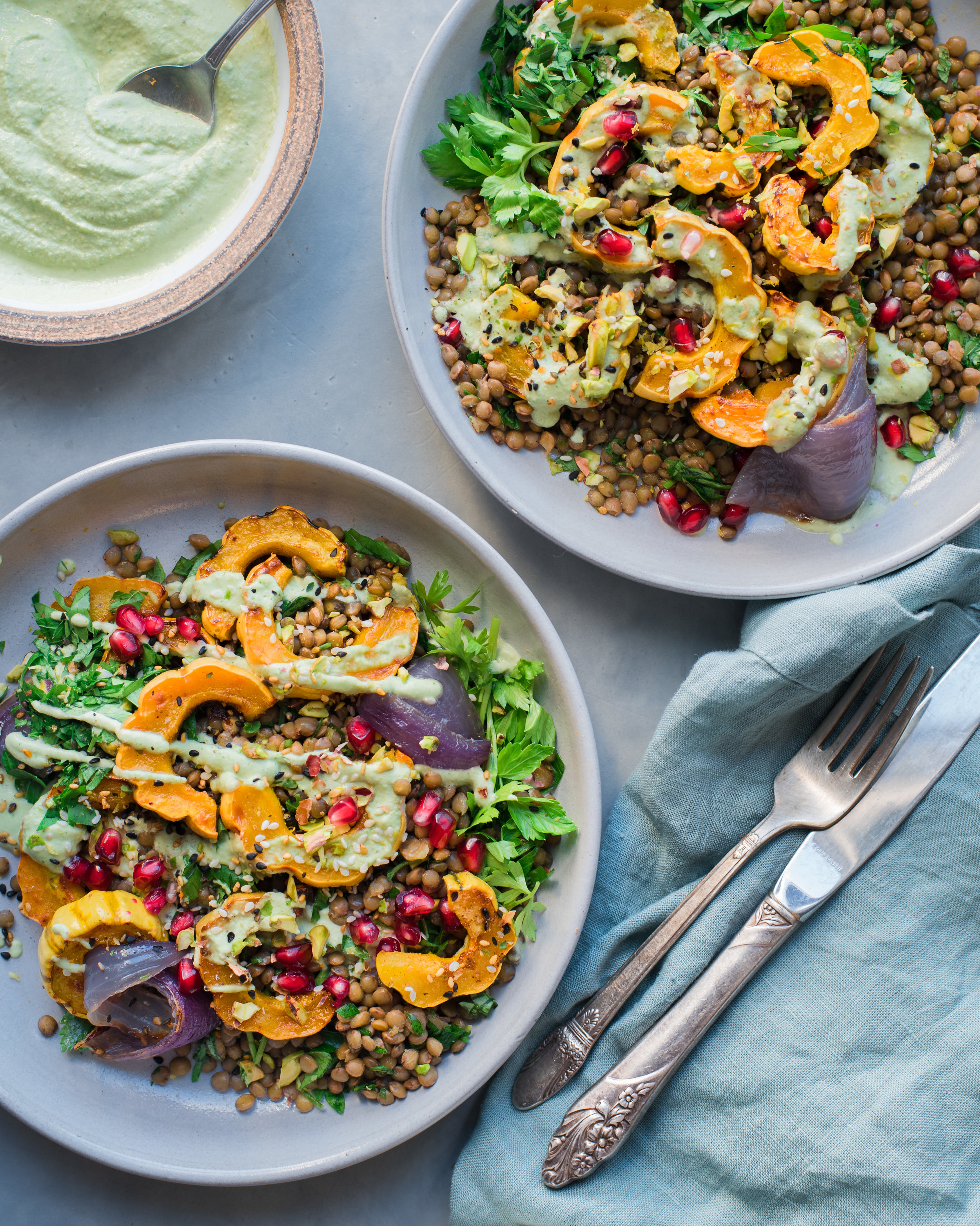 Warm Lentil Salad with Delicata Squash and Cilantro Cashew Cream