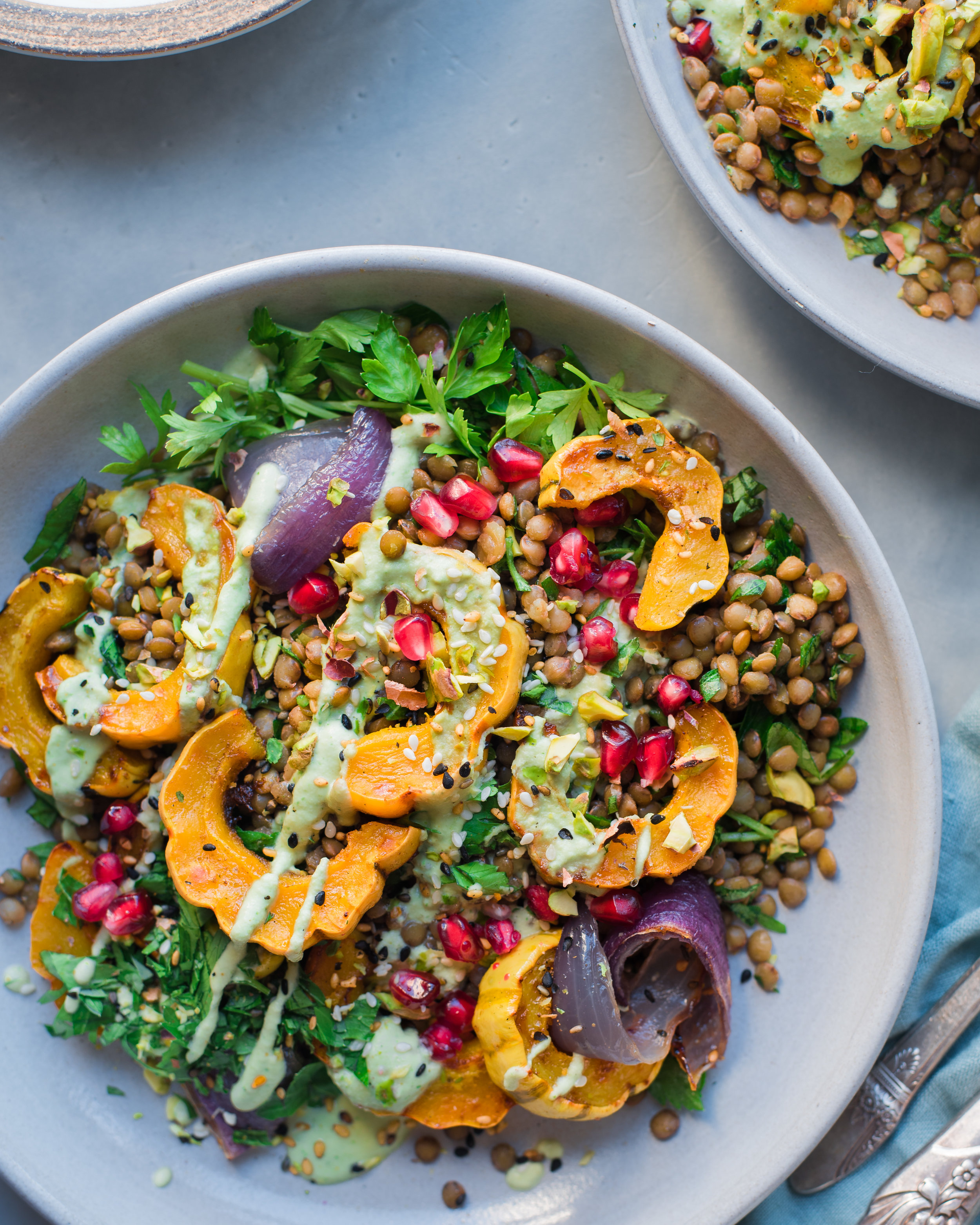 Warm Lentil Salad with Delicata Squash and Cilantro Cashew Cream