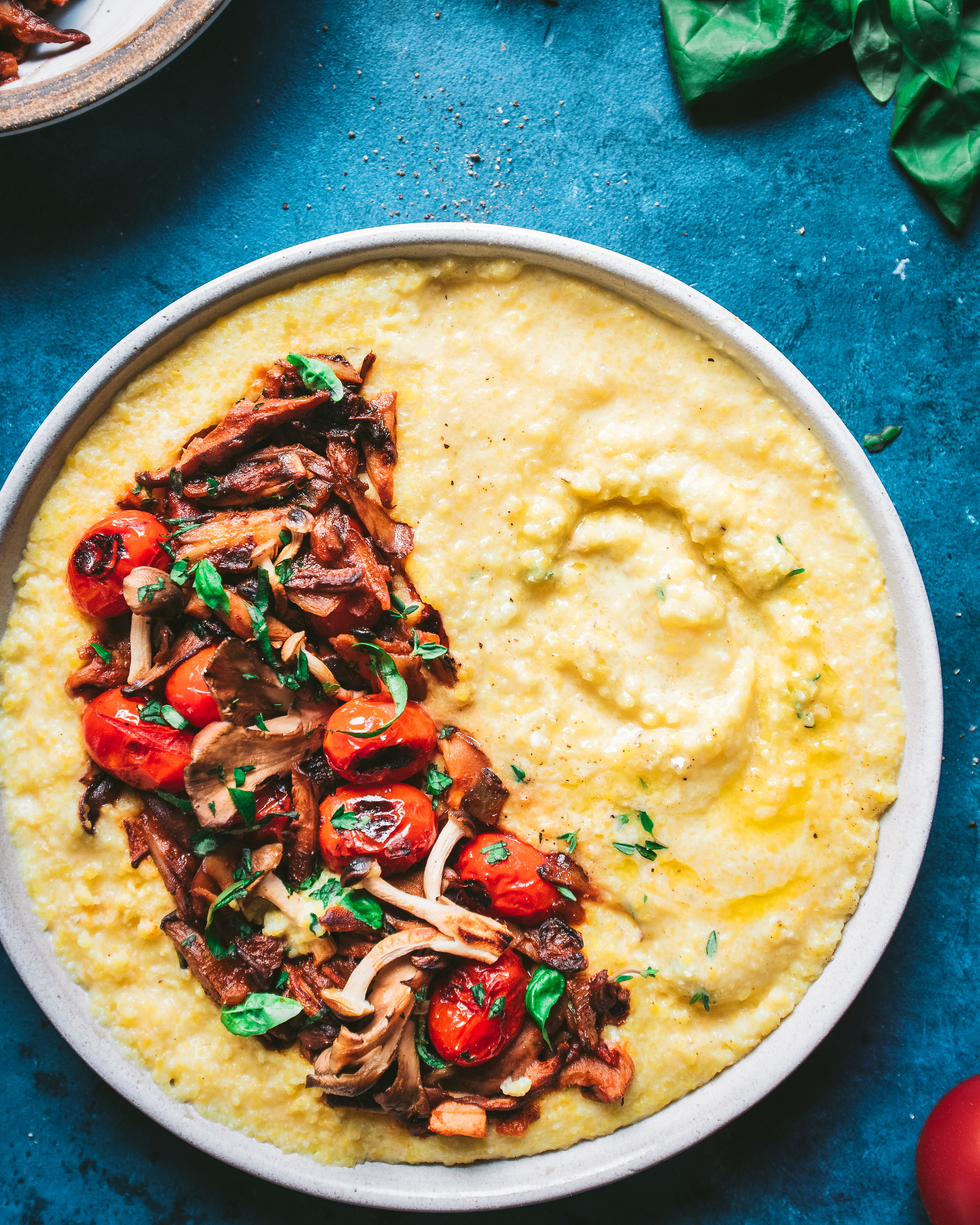 Creamy Vegan Polenta with Wild Mushroom and Tomato Ragu