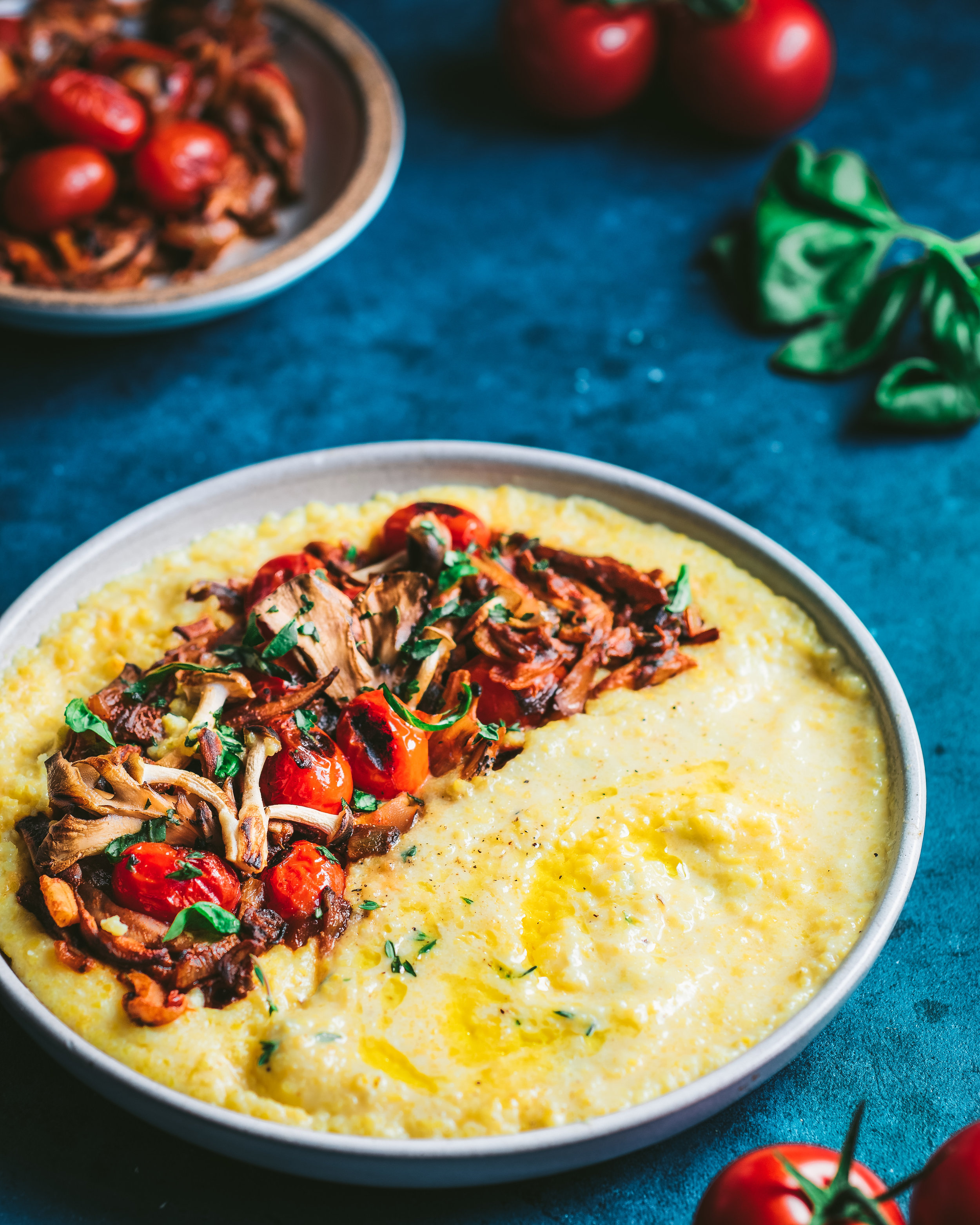 Creamy Vegan Polenta with Wild Mushroom and Tomato Ragu