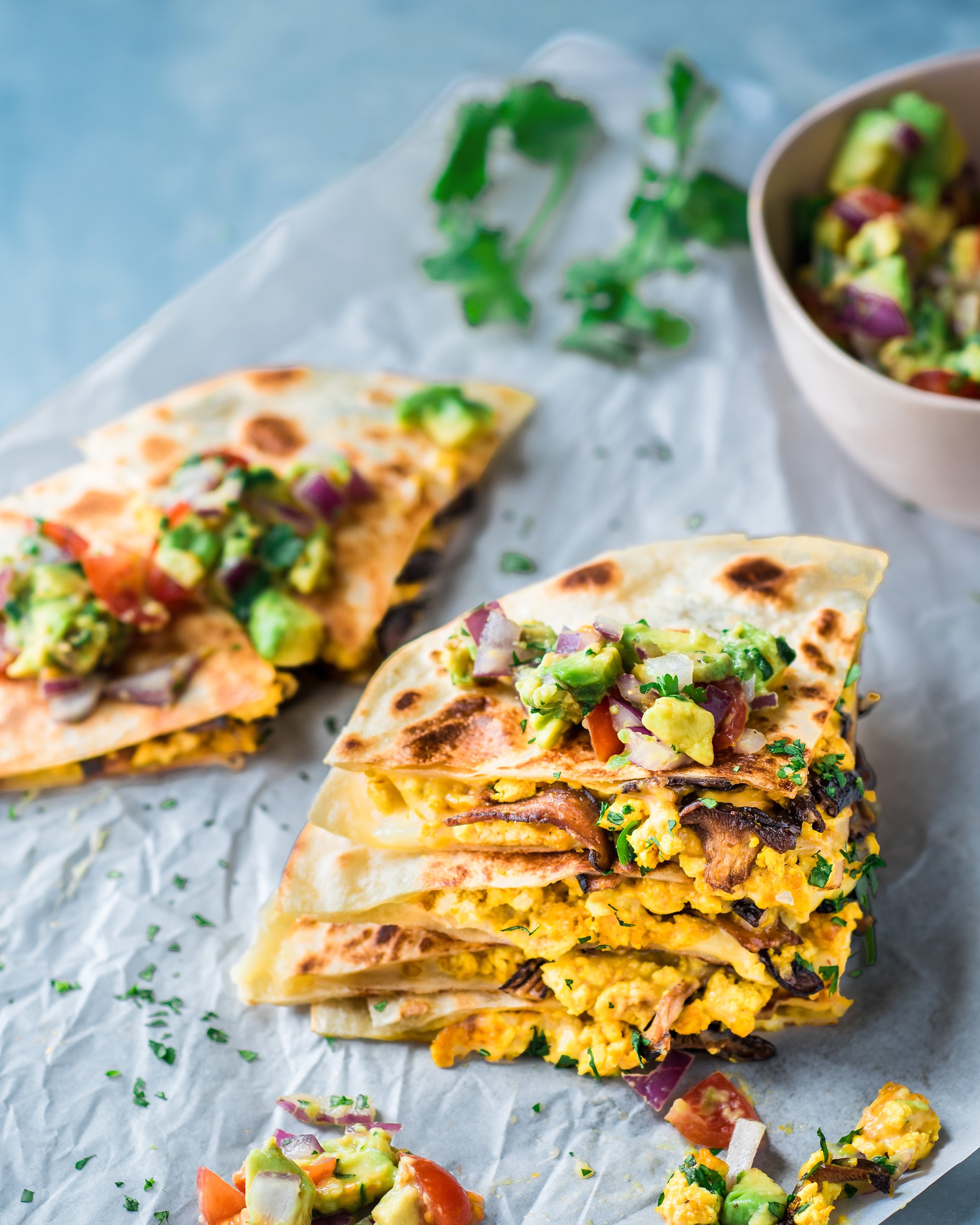 Vegan Quesadillas with Mushroom Bacon