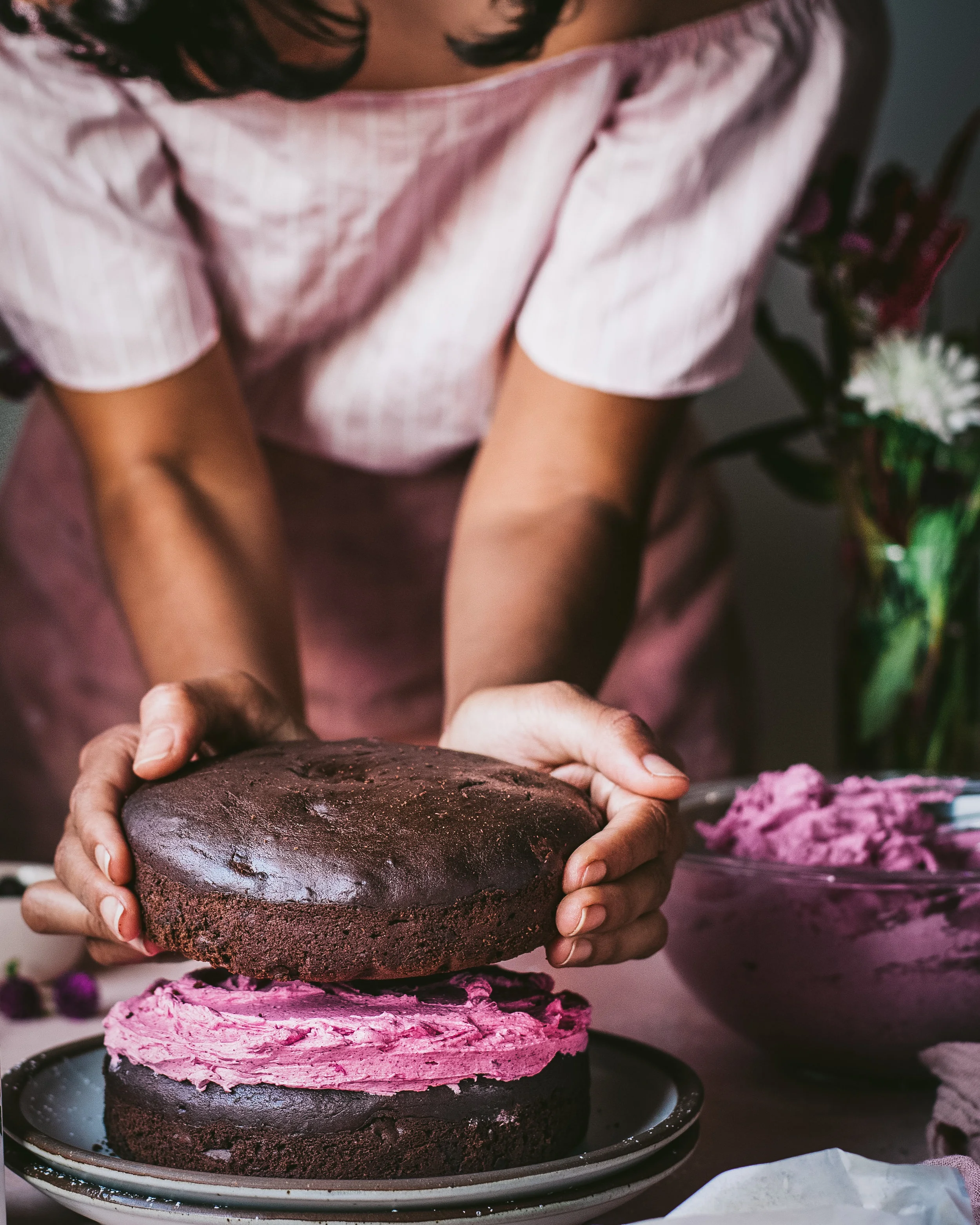 Vegan Chocolate Layer Cake with Hibiscus Frosting