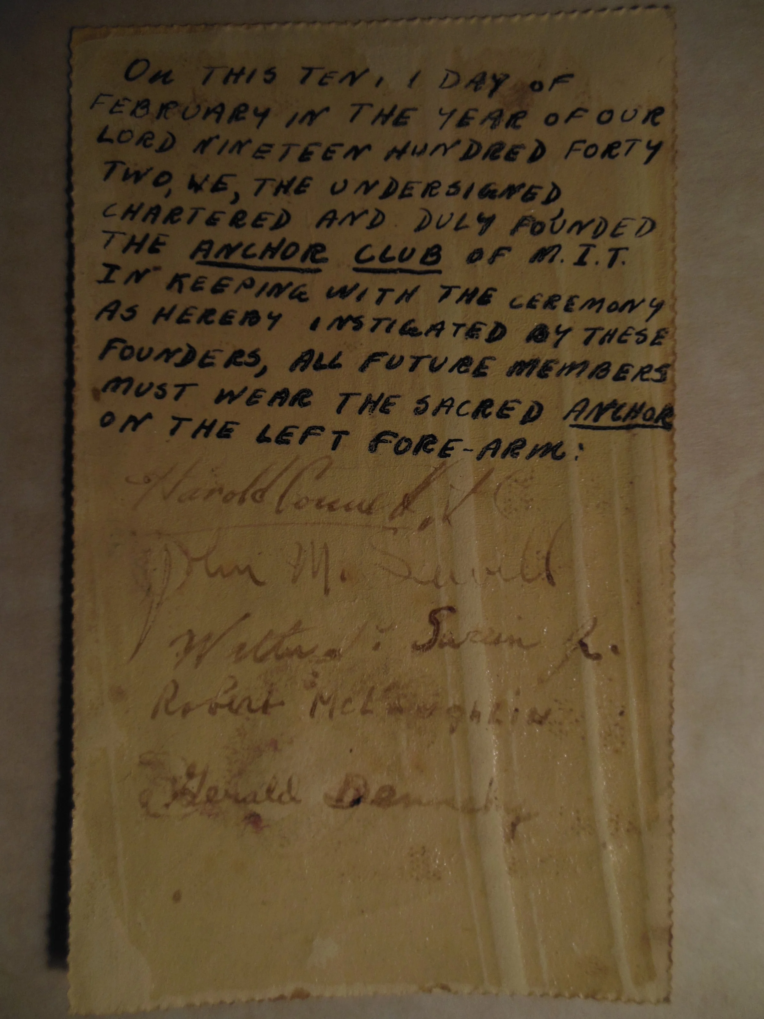 Founding Charter of The Anchor Club. Signed by Harold Connett Feb. 11, 1942.