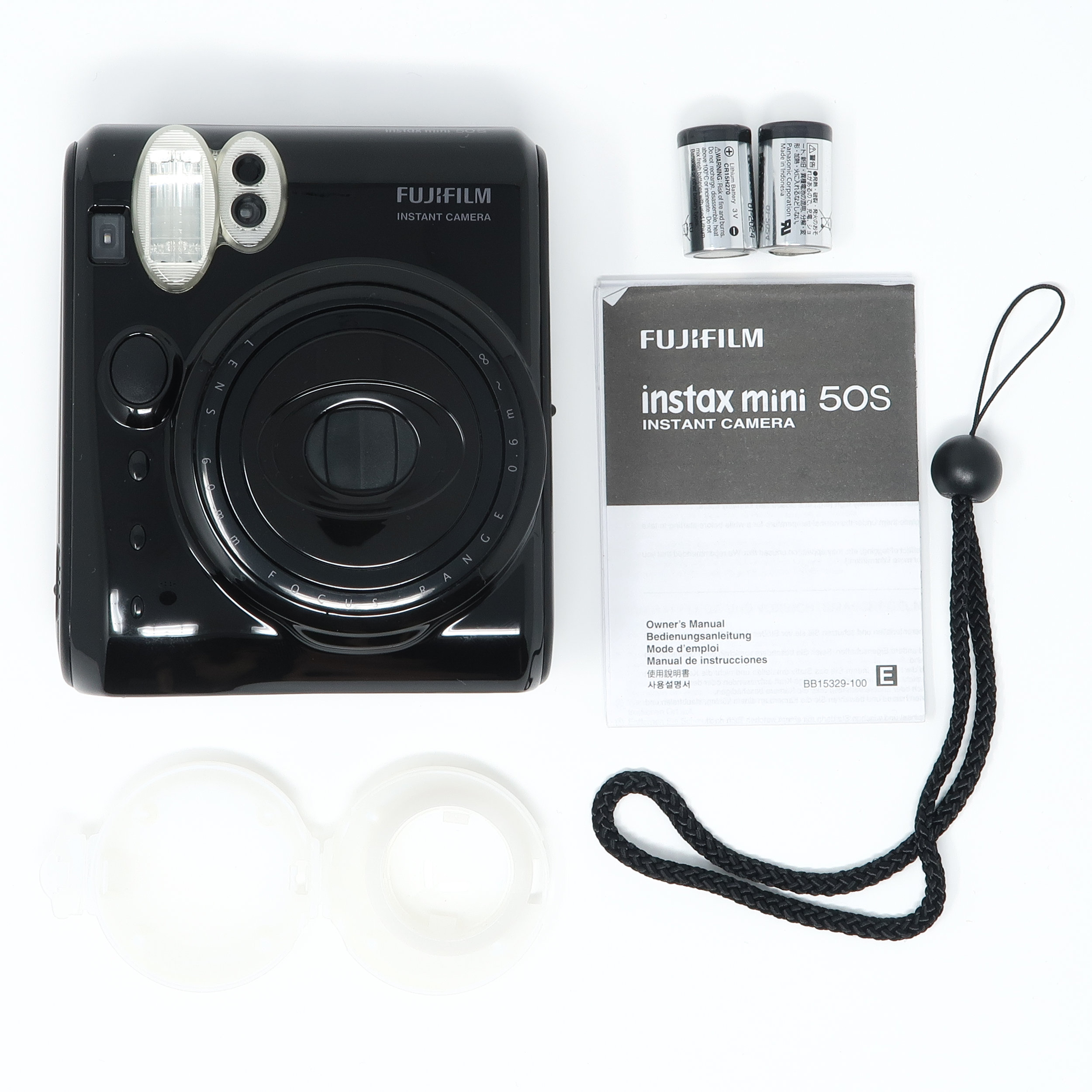 Fuji Instax Mini 50S, CR2 batteries, manuals x2, wrist strap, macro lens &amp; macro lens case.