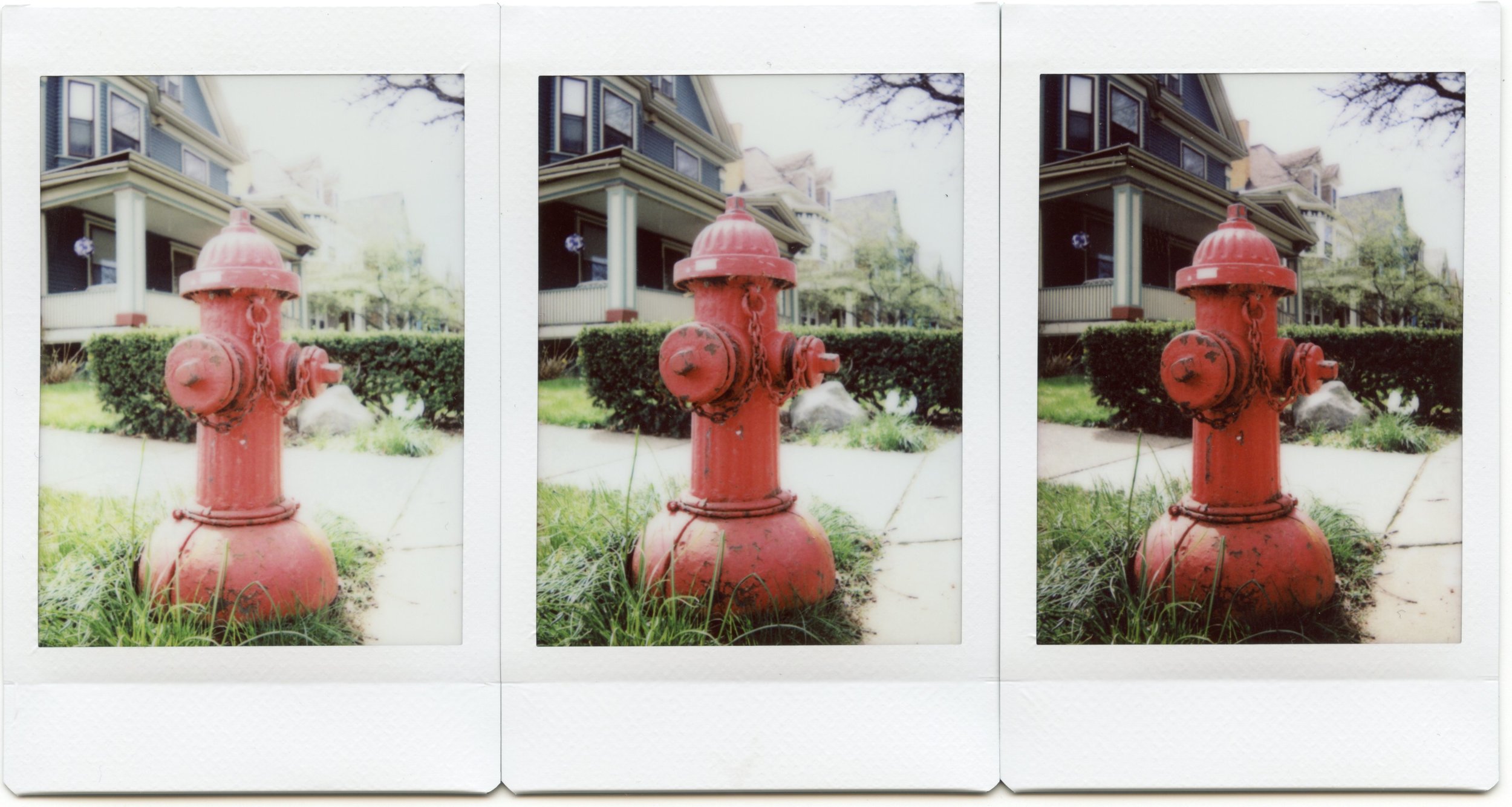 Examples of pictures taken by an Instax 50S mid-day, full sun at 3 ft. from subject with light exposure, normal exposure and dark exposure.