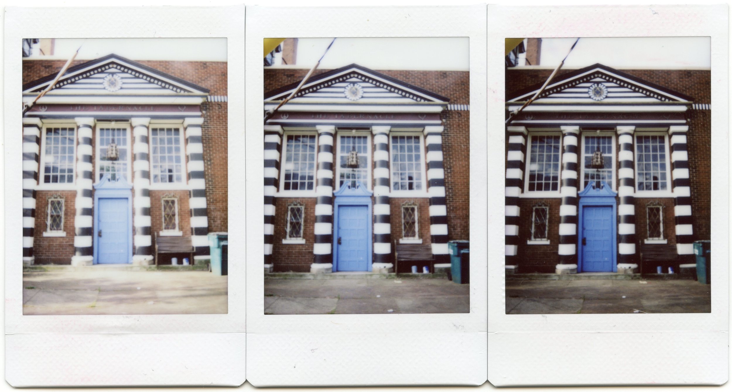 Examples of pictures taken by an Instax 50S morning, slightly overcast at 20 ft. from subject with light exposure, normal exposure and dark exposure.
