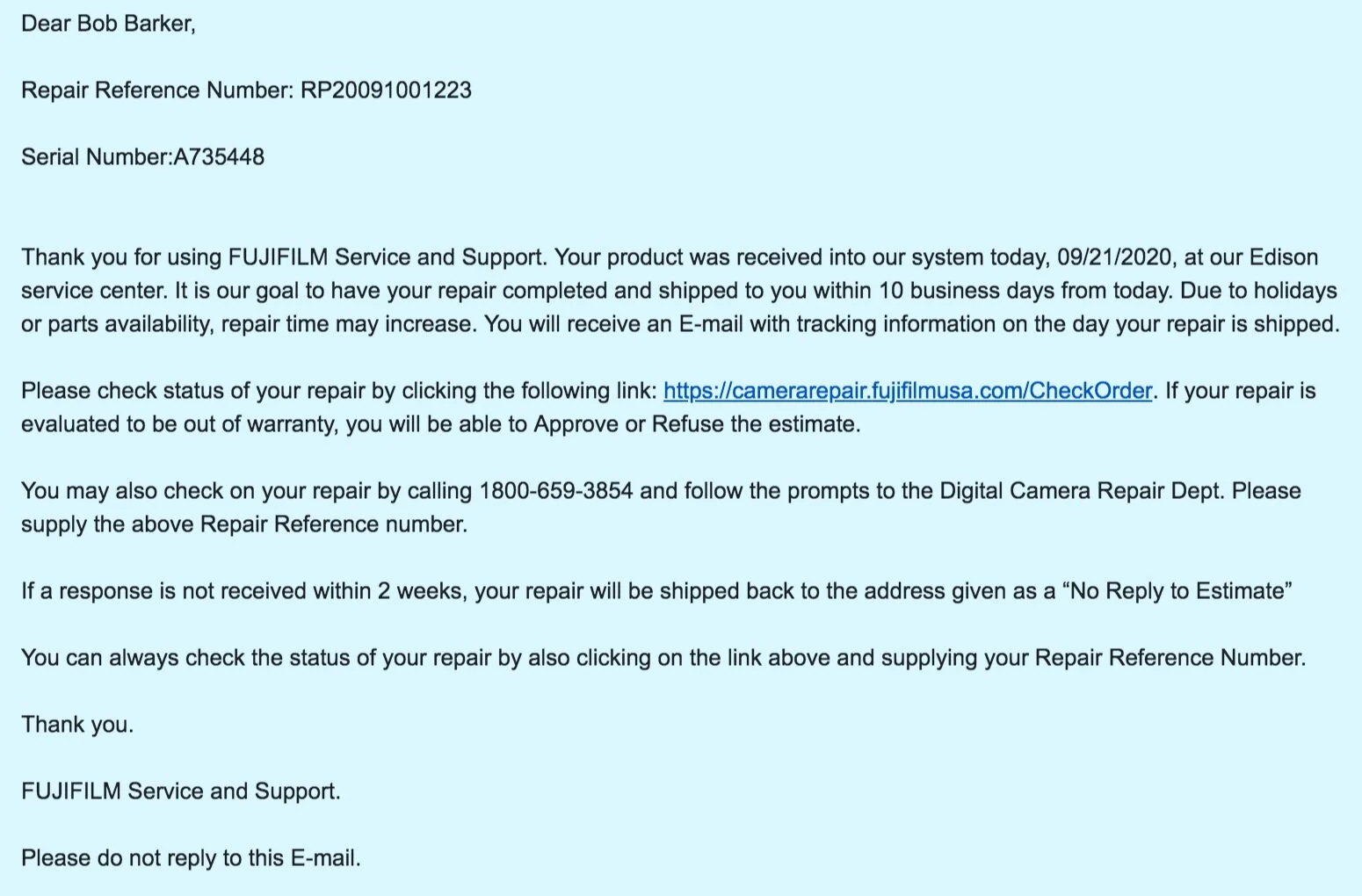 Example of the email you will receive from Fujifilm once the camera is delivered.