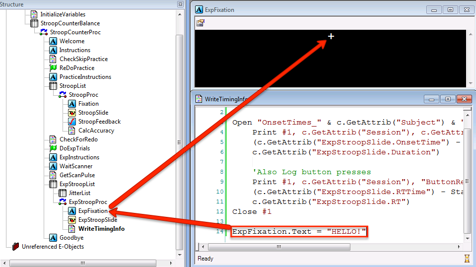 On the first trial of ExpStroopProc, the textbox of ExpFixation will be "+". After E-Prime reads the code in the InLine object WriteTimingInfo, on the next trial the text will be set to HELLO.