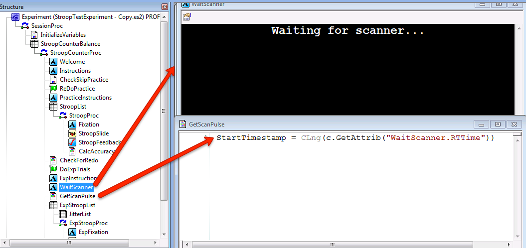 Synchronizing E-Prime and the Scanner pulse. In this example a TextSlide object called WaitScanner terminates when it receives the number "5" (Duration/Input tab not shown). An InLine object after the WaitScanner object assigns the value of the RTTime attribute into the variable StartTimestamp.