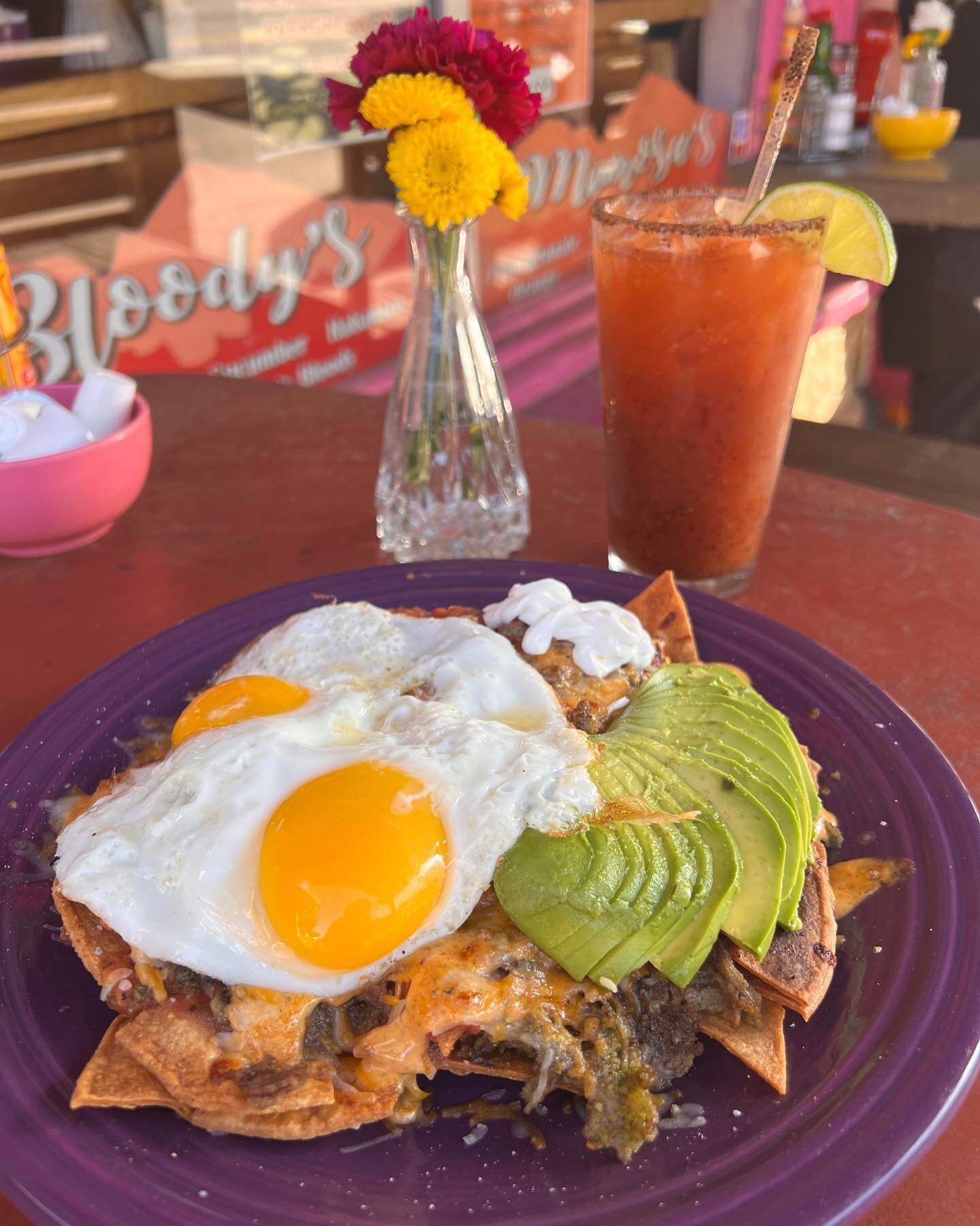 Carne asada breakfast nachos!! On special today only for CINCO DE MAYO!! Stop on by and live your best life with these beany, cheesy, meaty nachos with avocado, salsa, sour cream and choice of eggs. For best results pair with our house michelada!