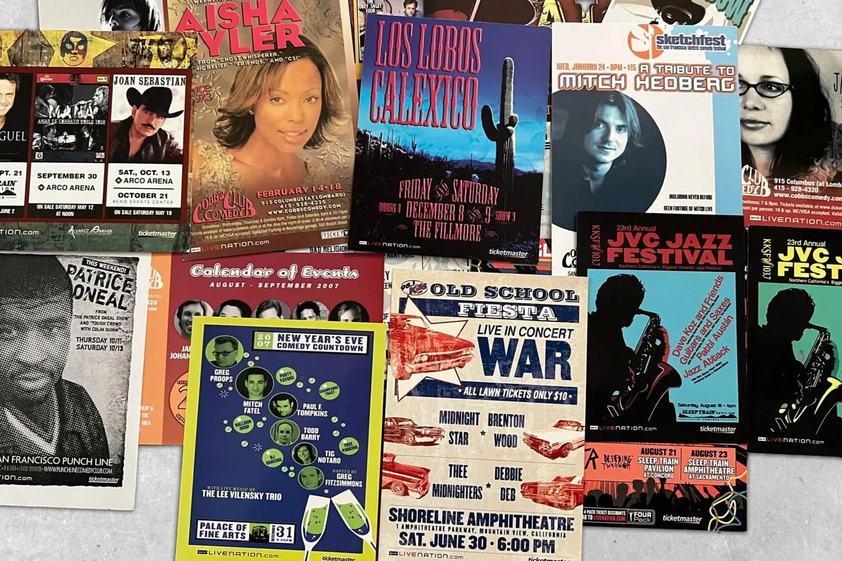 Printed handbill designs supporting Northern California music and comedy events.Combination of original illustrations, and tour admat.