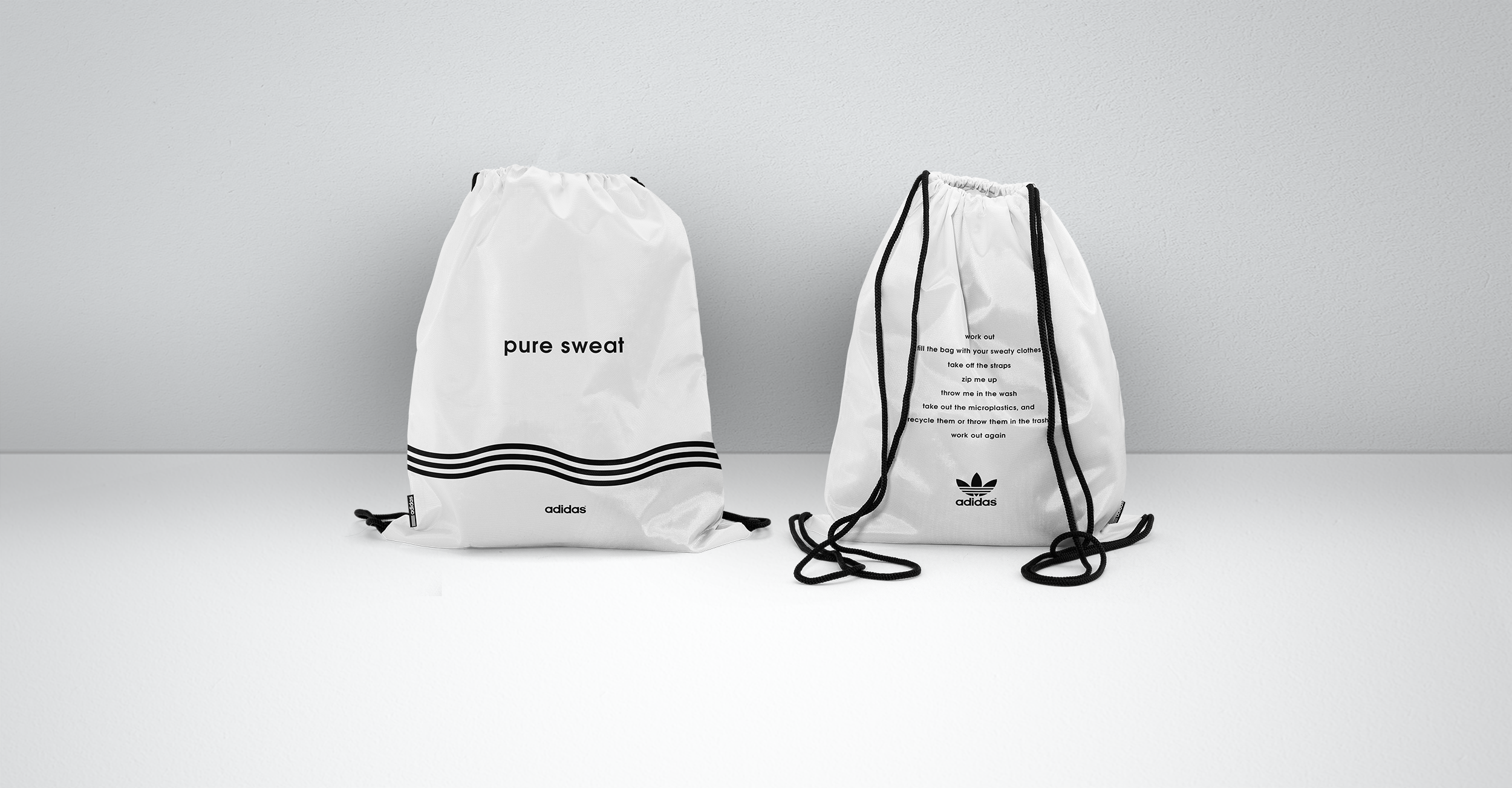   Text on the back of the bag:   Work out Fill the bag with your sweaty clothes Take off the straps Zip it up Throw it in the wash Take out the microplastics and recycle them Work out again  By using this gym bag as a washing bag, you save the oceans