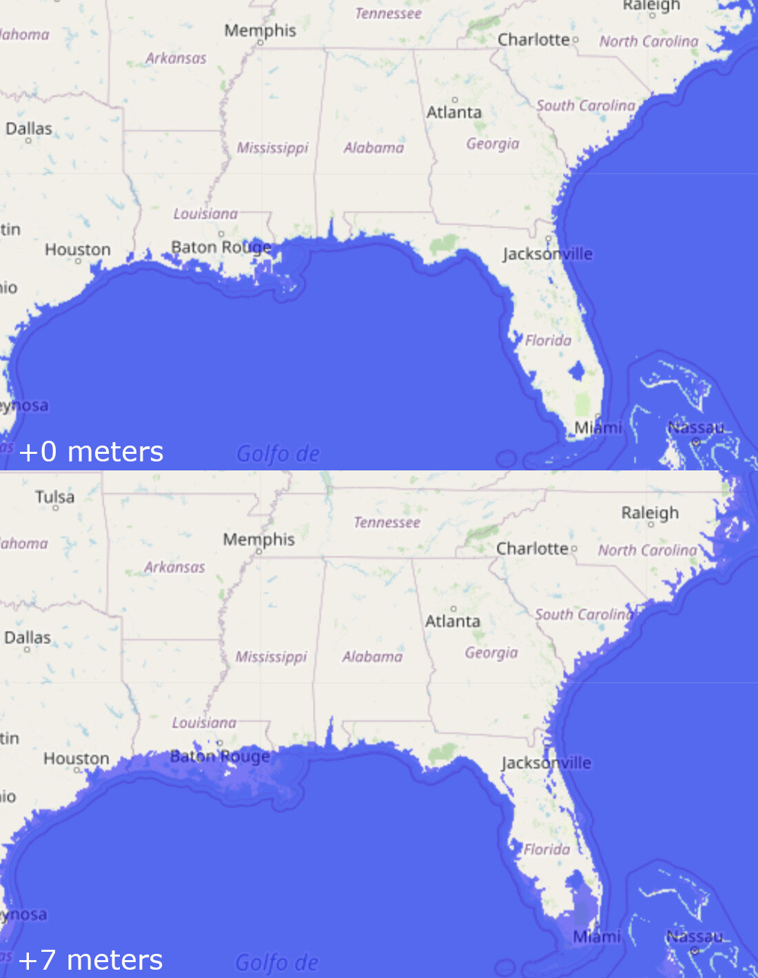 The coastline of the southeast United States would change considerably with ‘only’ 7 meters of sea level change.