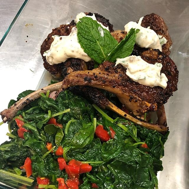 Lamb Chops with minted-scallion cream sauce, saut&eacute;d greens #baltimoremealdelivery