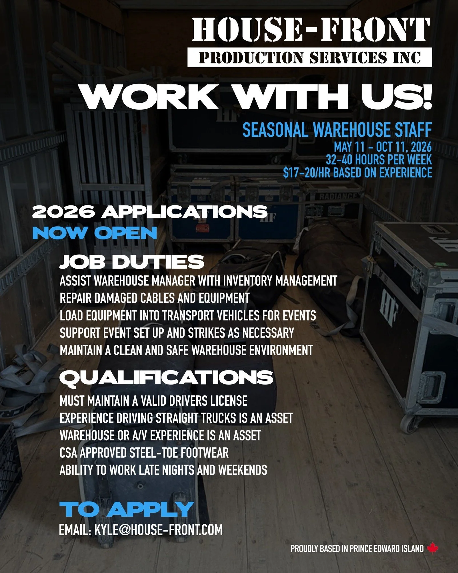 We're looking to add to our summer team, and we want to hear from you!

House-Front is adding a seasonal warehouse assistant to support our busy summer event season. This position is perfect if you want a start in the events industry to get faimliar 