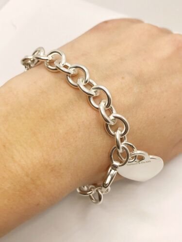 Tiffany Heart Tag Charm Round Link Charm Bracelet Size 8