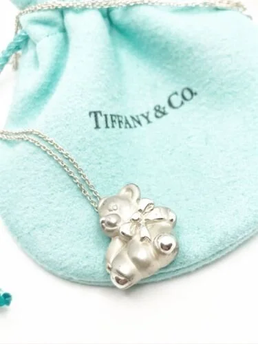 Tiffany Sterling Silver Teddy Bear with Ribbon Bow Necklace 16