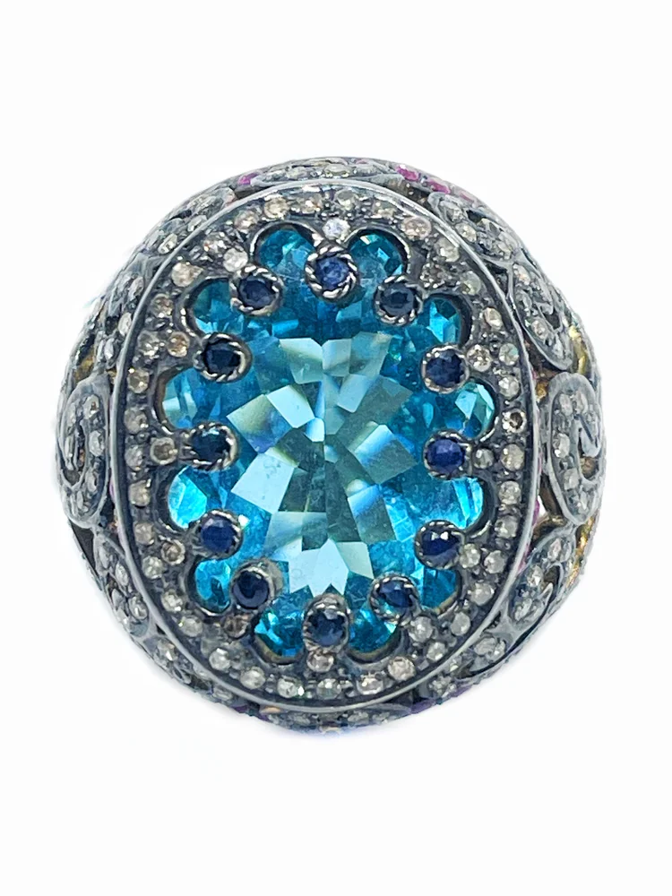 Mughal Empire Style Sterling Silver Faceted Blue Topaz, Sapphire