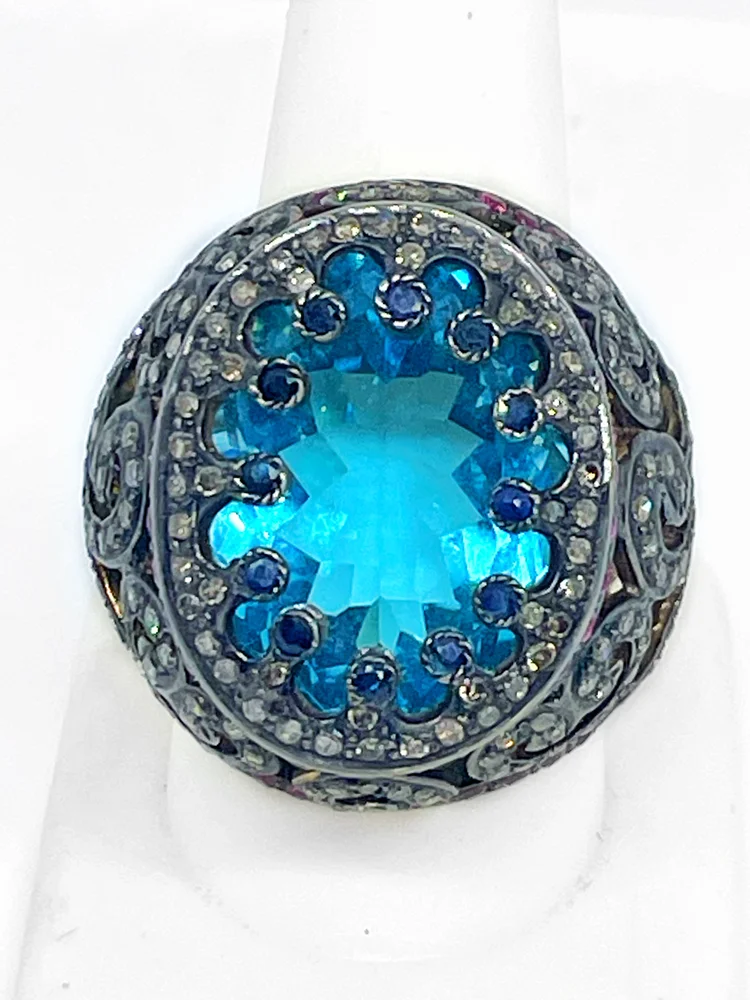 Mughal Empire Style Sterling Silver Faceted Blue Topaz, Sapphire