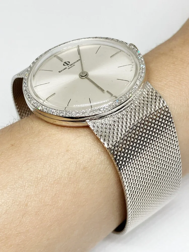 Vintage Baume & Mercier 14KWG & 33mm Diamond Bezel Mesh Band  display picture 3