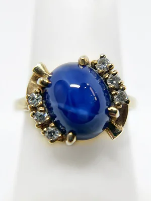 14K Yellow Gold Linde Blue Star Sapphire and Diamond Estate Ring