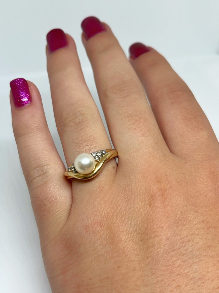 14K Yellow Gold Pearl and Diamond Ring Size — DeWitt's Diamond Gold  Exchange