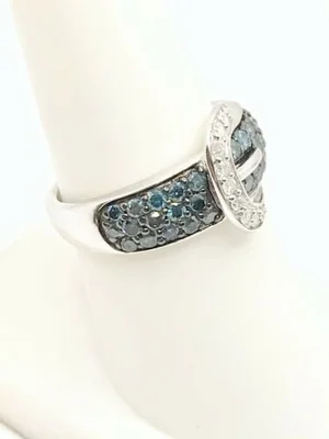 Blue & White Diamond Sterling Silver Belt Buckle Ring Size  display picture 1