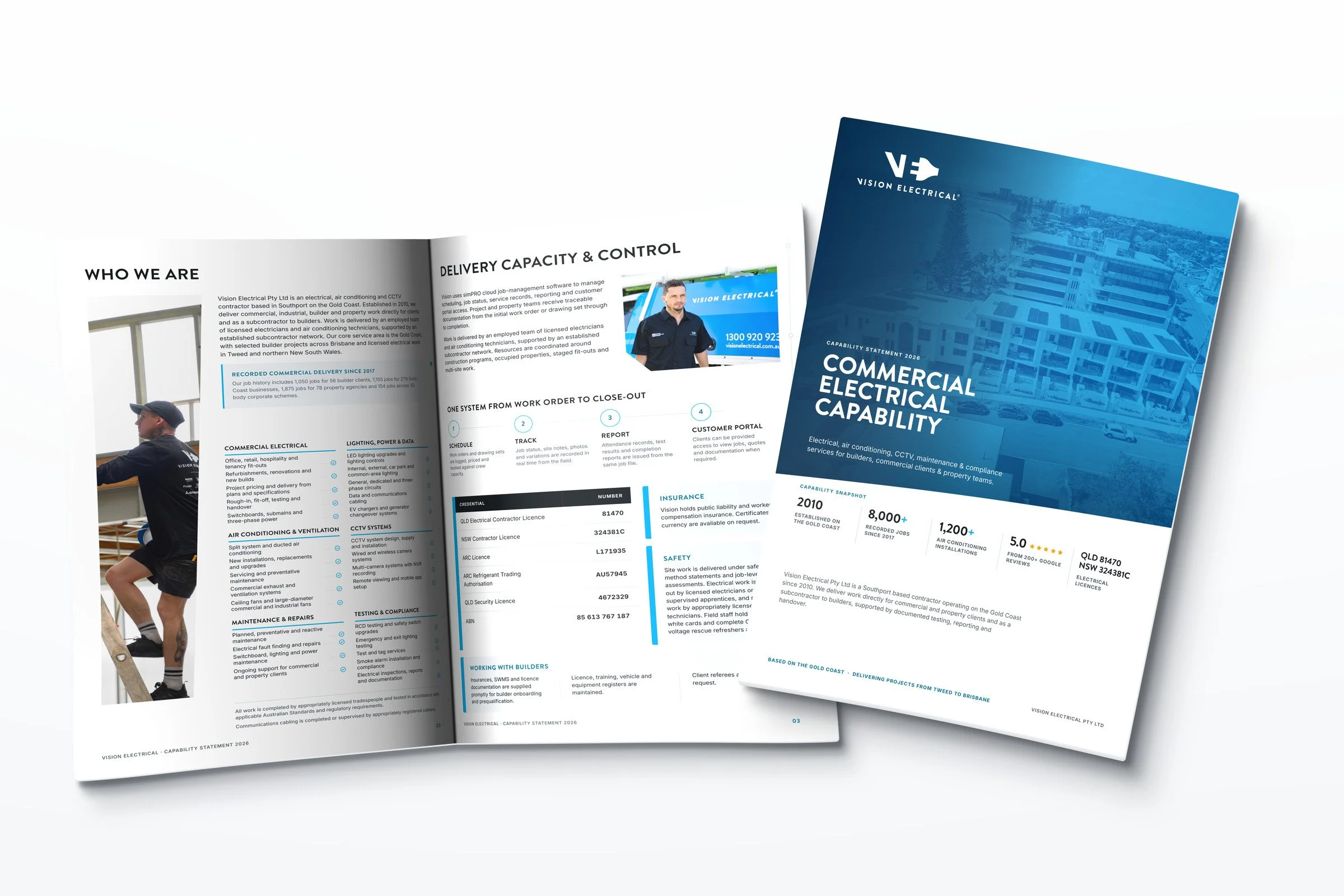 Vision Electrical 2026 capability statement booklet showing commercial electrical services Gold Coast