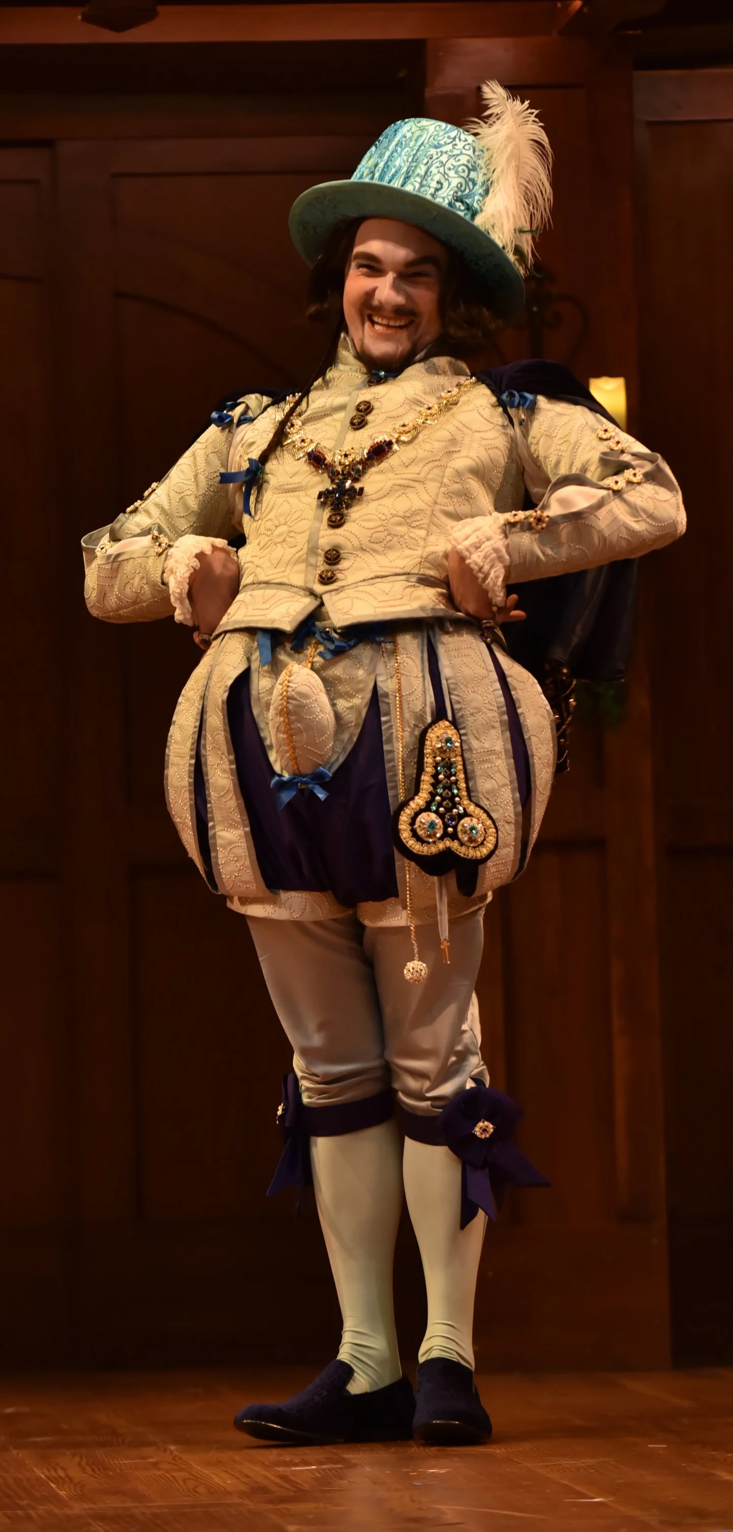  Andrew Aguecheek   Embroidered Silk Doublet, Pumpkin Pants and Codpiece. Pleated Silk Hat.    Photo by   Tony Firriolo   