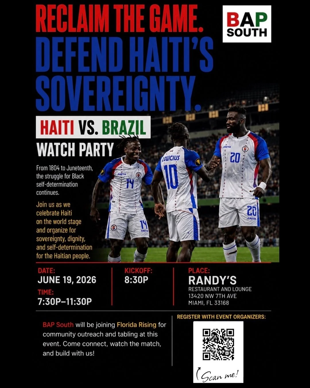 Reclaim the game. Defend Haitis Sovereignty. Haiti vs Brazil Watch Party.