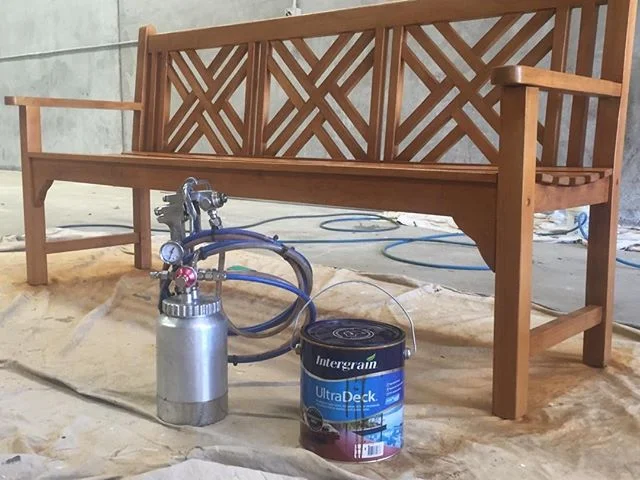 A bench seat stained with Intergrain Ultra Deck Natural.