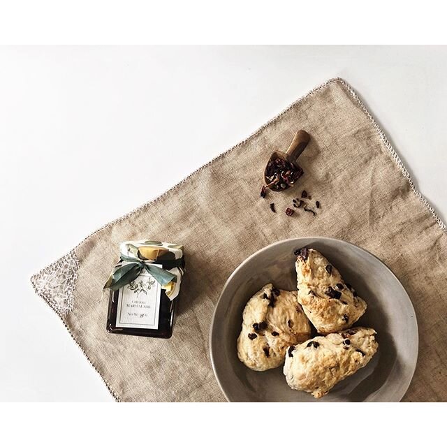cherry marmalade, cherry chip scones + cinnamon pear tisane &bull; afternoon tea inside the lovely @pineconecottageteahouse might be on hold, but #quarantea delivery is making this week a dream ♡ thank you pam, for all that you do!