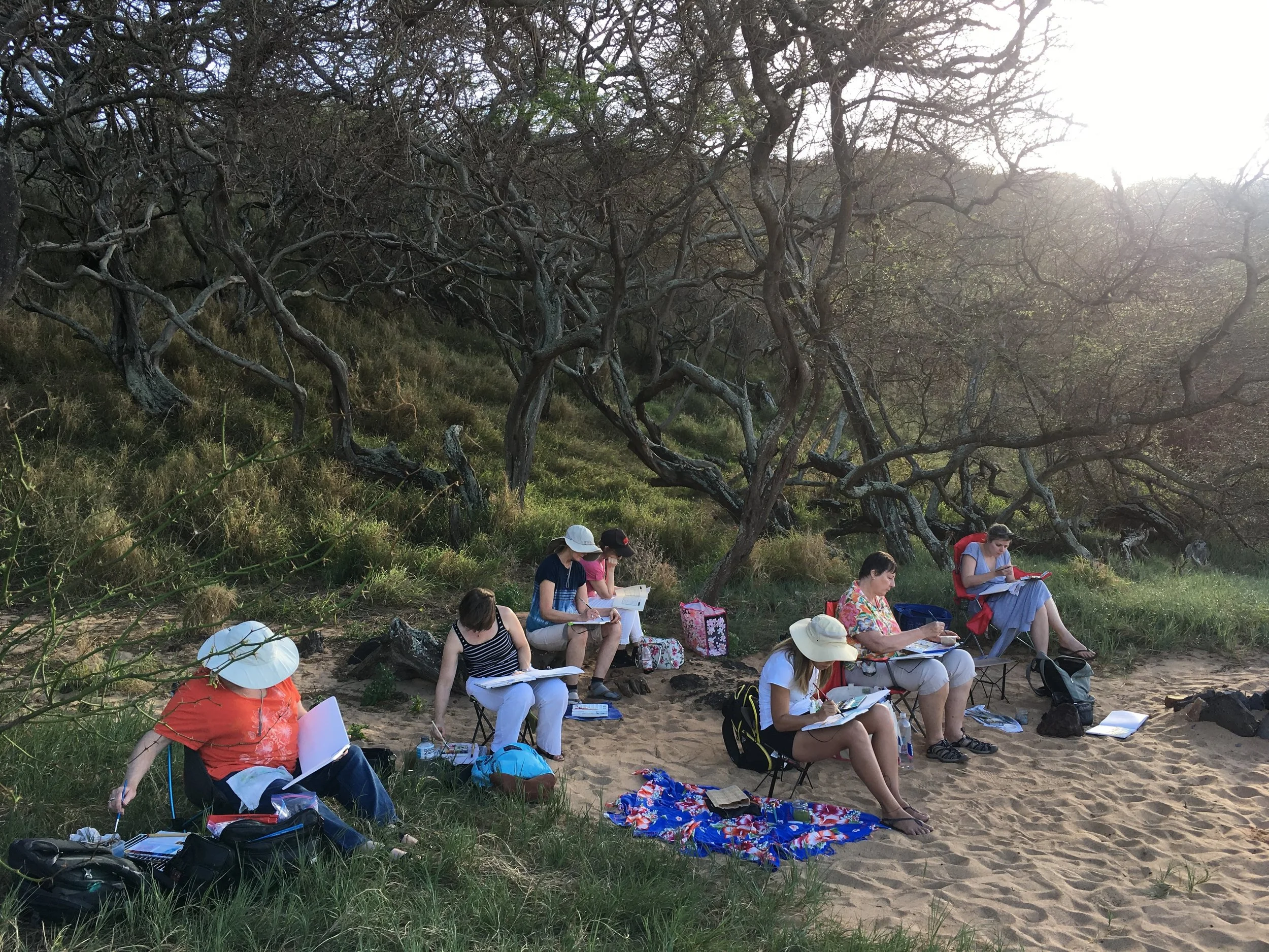The group sketching at Kepuhi Beach.