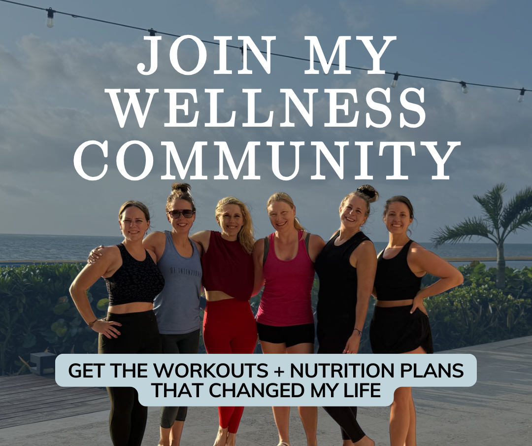 Group of women after a workout in a tropical location. Verbiage "Join My Wellness Community"