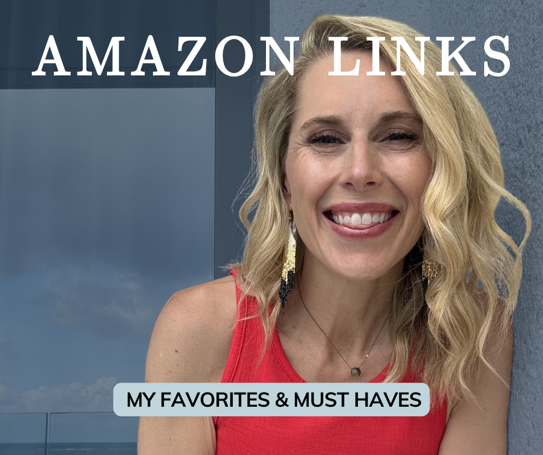 Jamie Sheppard leaning on a white exterior wall, wearing a red tank top and gold earrings with wavy blond hair and smiling. Reads "Amazon Links - my favorites & must haves"