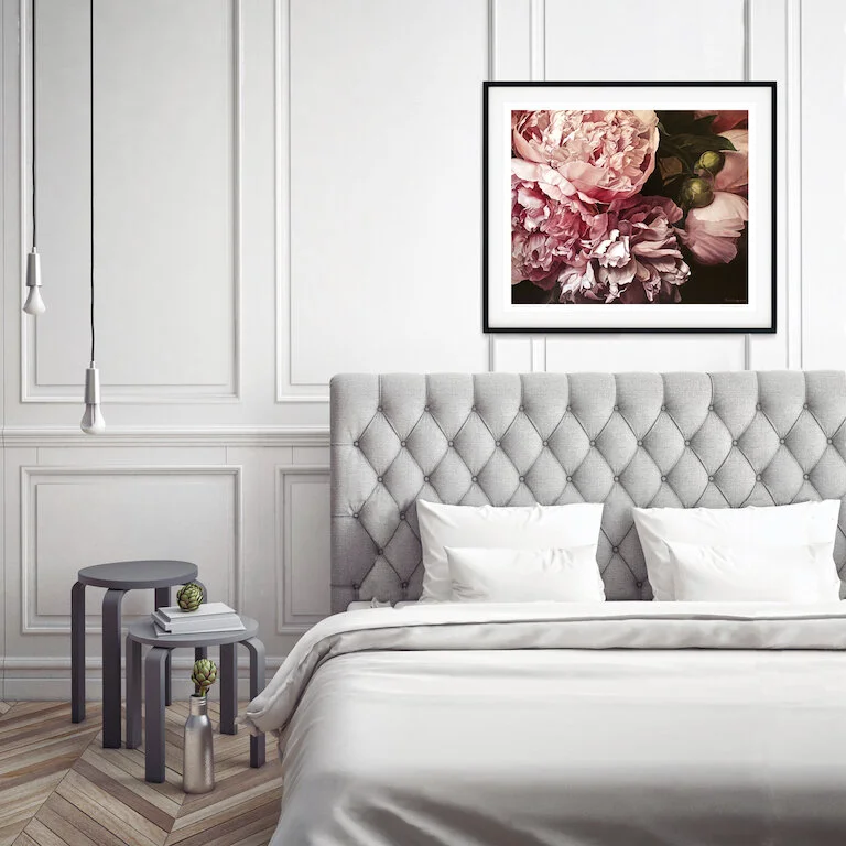 'Antique Pink Peonies' Limited Edition Print Mock-up in Bedroom RGB.jpg