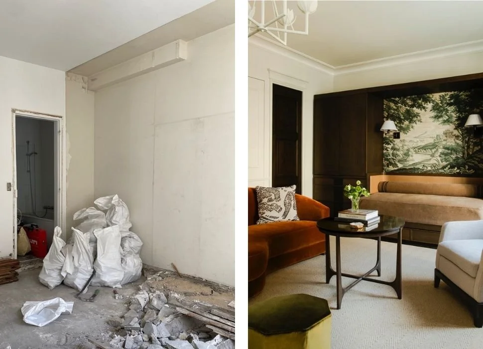 Before and after Paris apartment renovation: stripped walls with construction debris versus finished living room with dark wood paneling and tapestry
