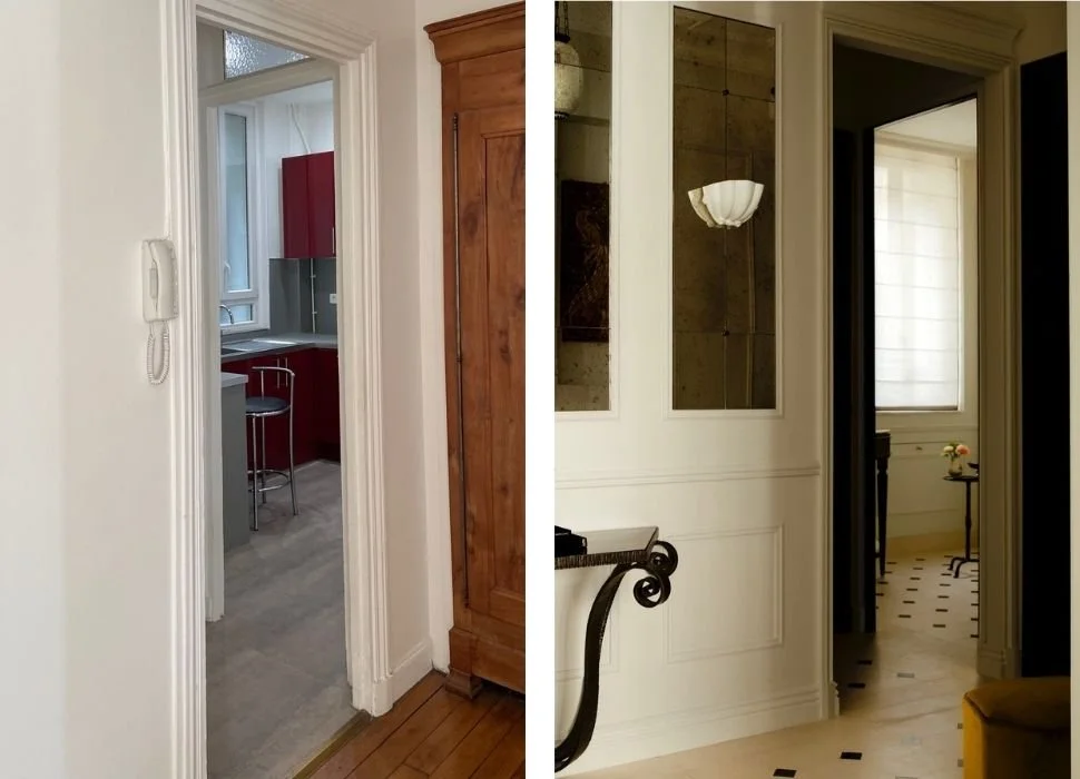 Before and after Paris apartment renovation: bare hallway entrance versus finished hallway with antique mirror panels and wrought iron console
