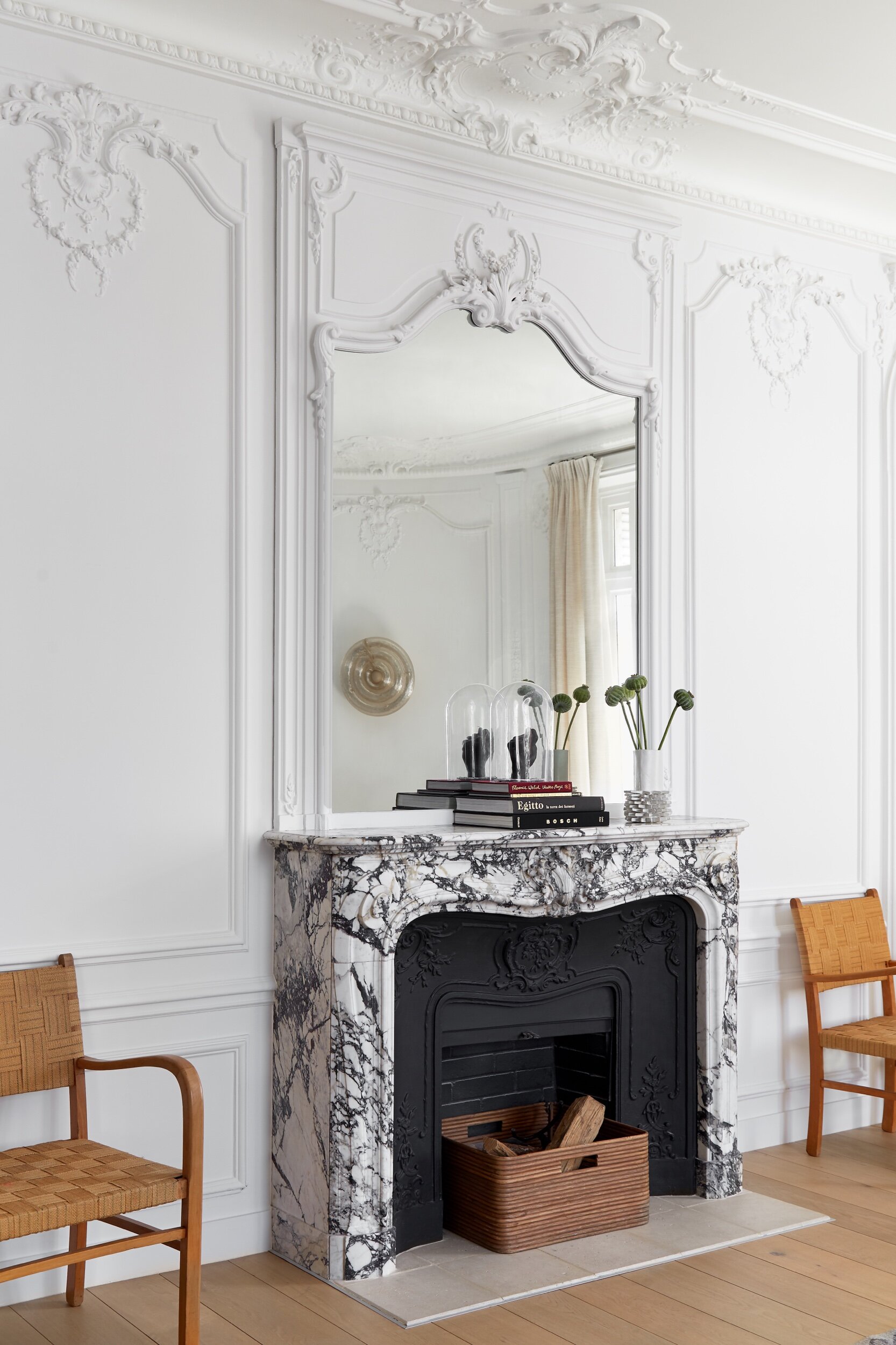 Marble fireplace in a newly renovated Parisian apartment