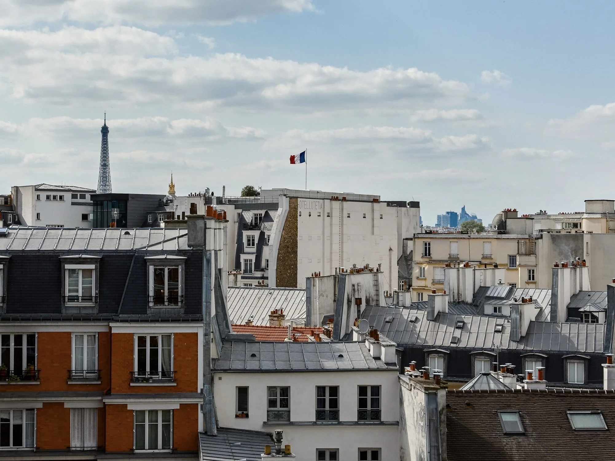 View of Paris rooftops with the Eiffel Tower in the distance and the French flag waving.
