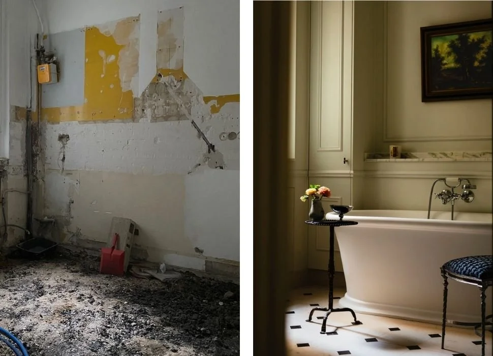 Before and after Paris apartment renovation: stripped bathroom wall versus finished bathroom with freestanding tub and antique stool